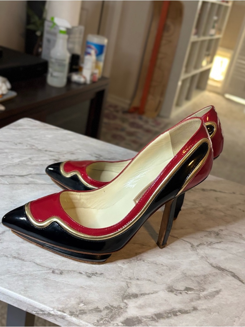 RUPERT SANDERSON Red and Black Patent Pointed Heel Pumps with Gold Trim size 37
